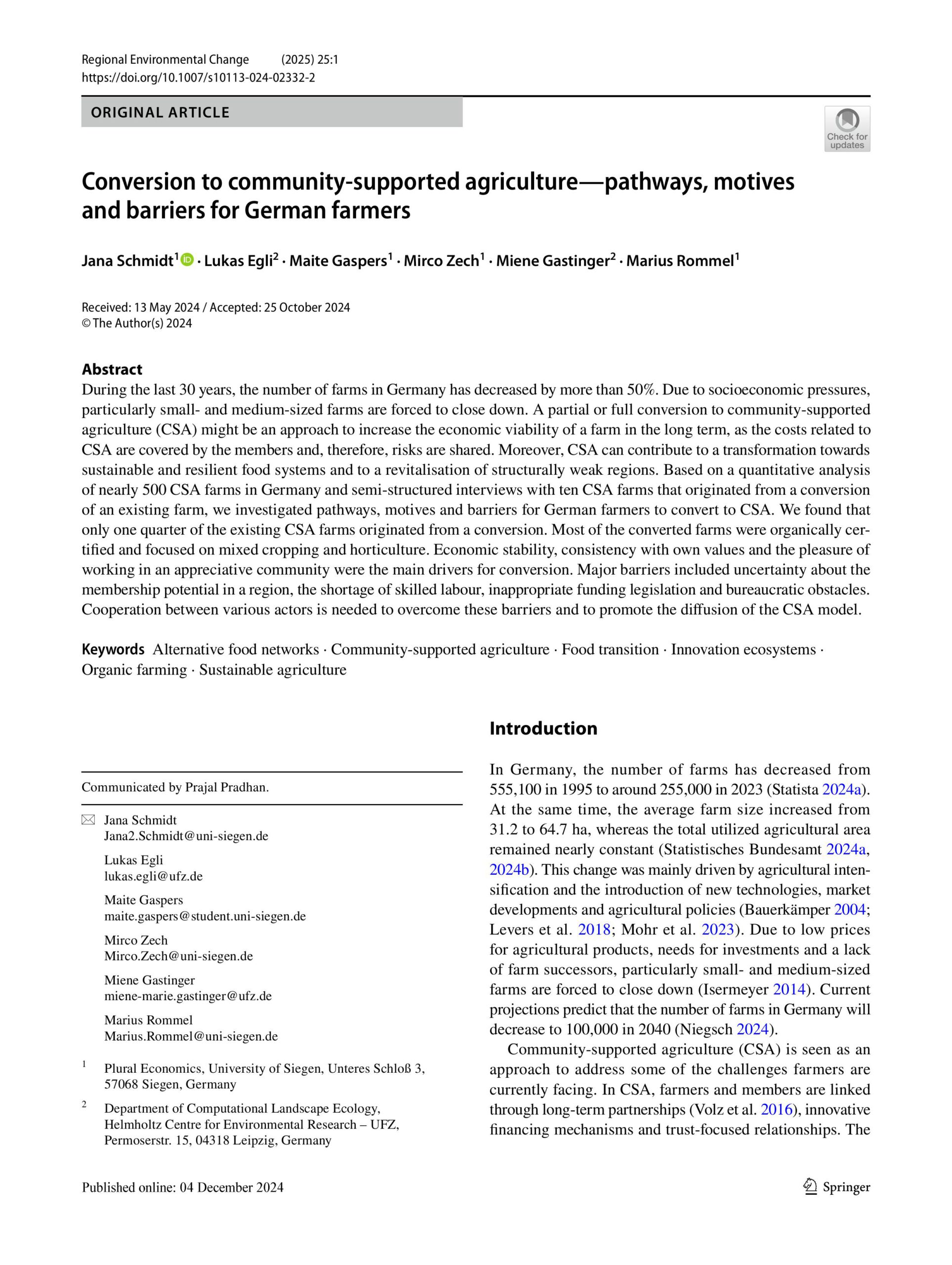 Conversion to community-supported agriculture-pathways, motives and barriers for German farmers von Jana Schmidt, Lukas Egli, Maite Gaspers, Mirco Zech, Miene Gastinger und Marius Rommel